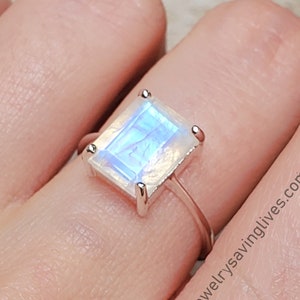 Moonstone Ring, emerald cut raw moonstone cut ring in sterling silver, moonstone engagement ring, moonstone rectangle ring, blue moonstone