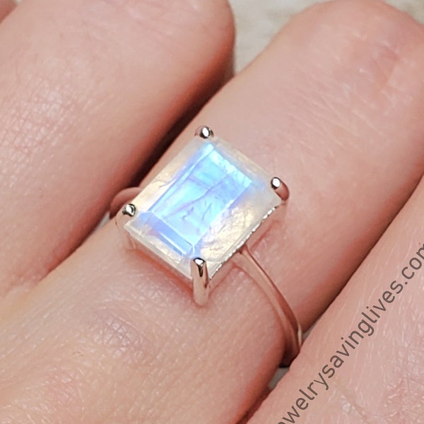 Emerald Cut Moonstone Ring, raw moonstone cut ring in sterling silver, moonstone engagement ring, moonstone rectangle ring, moonstone
