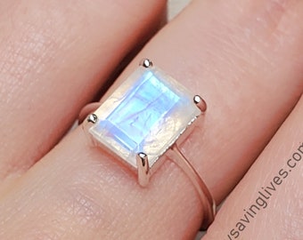 Emerald Cut Moonstone Ring, raw moonstone cut ring in sterling silver, moonstone engagement ring, moonstone rectangle ring, moonstone