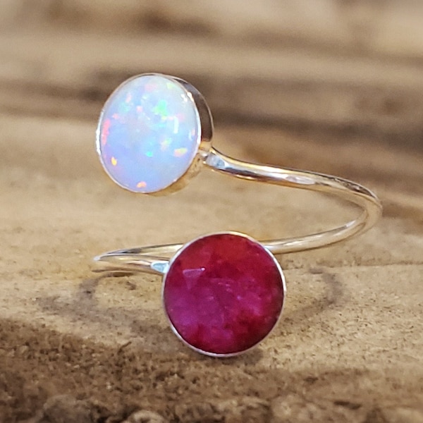 Ruby and opal ring, raw ruby and fire opal, silver double stone ring, ruby & opal adjustable ring, unique genuine ruby double stone ring