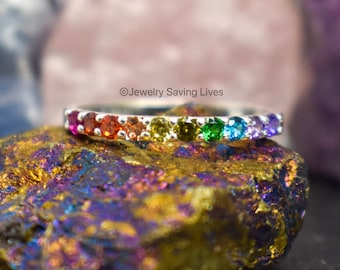 Rainbow Pride Eternity Band, natural gemstone LGBTQ+ half eternity band, rainbow band ring, pride accessories