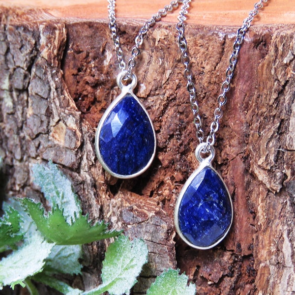 Teardrop Sapphire Necklace, genuine raw dark blue sapphire teardrop necklace, sapphire and silver necklace, deep blue sapphire charm