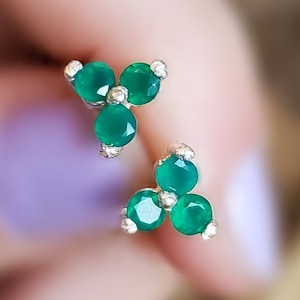 Emerald tri-cluster earrings, natural round emerald studs, green emerald unique earrings, genuine small emerald studs, three stone earrings