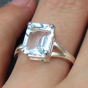 Aquamarine ring, brilliant emerald cut aquamarine ring set in sterling silver, aquamarine engagement ring, aquamarine ring, march birthstone