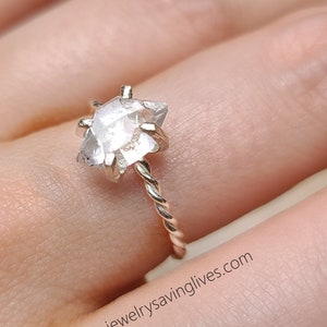 Raw diamond ring twisted band, raw herkimer diamond ring, salt and pepper diamond, natural diamond, salt and pepper herkimer twisted band