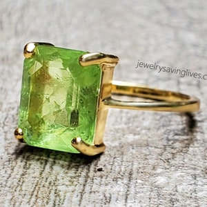 Natural Raw Emerald Cut Peridot Ring, Peridot Ring in
