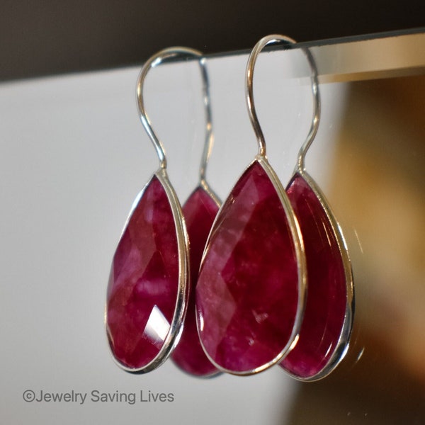 Large Dangle Ruby Teardrop Earrings, dark red pear ruby earrings in gold, statement teardop dangle ruby earrings silver, gold, rose gold,