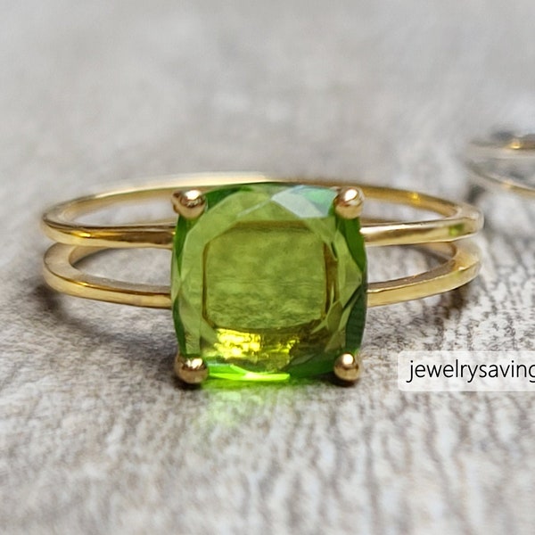 Peridot double band ring, genuine earth mined double band ring, raw peridot square ring, unique peridot ring with double band, peridot ring