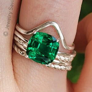 Brilliant cut emerald ring, lab emerald engagement ring, vintage emerald ring, May emerald birthstone ring, unique emerald birthstone ring image 2