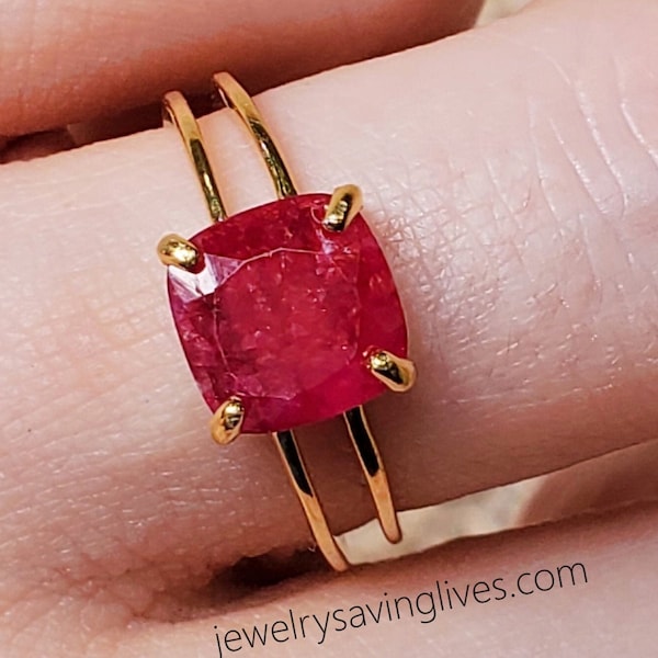 Raw ruby double band ring, genuine earth mined ruby ring with double band, 3 ct square double band ring, untreated red gemstone ring