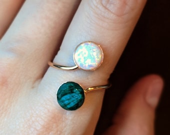 Emerald and opal ring, raw emerald and fire opal, gold double stone ring, emerald and opal adjustable ring, unique emerald double stone ring