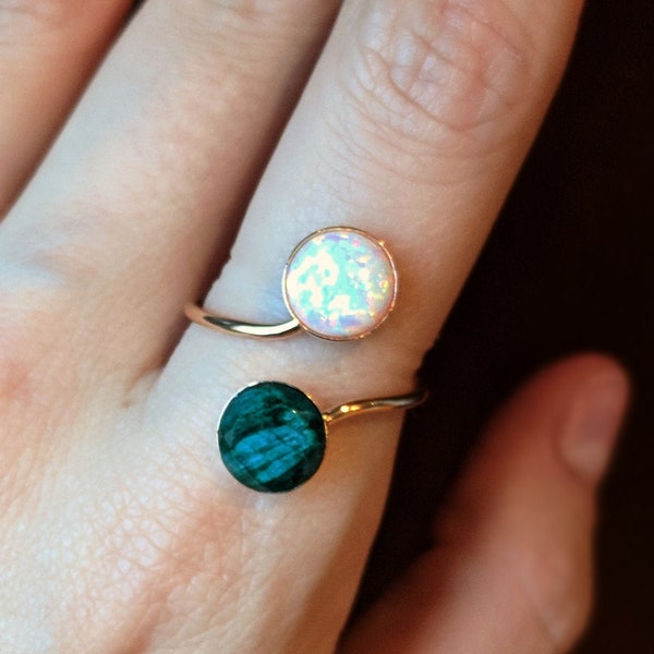 Emerald and opal ring, raw emerald and fire opal, gold double stone ring, emerald and opal adjustable ring, unique emerald double stone ring