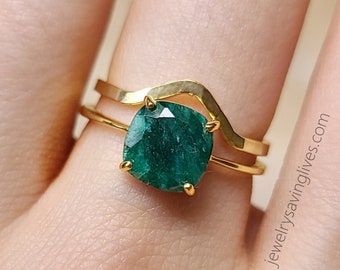 Emerald ring set! Natural Emerald and accent band, genuine emerald wedding set ring set, handmade emerald ring , square ring, raw emerald
