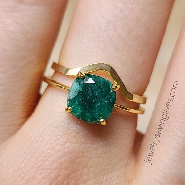 Emerald ring set! Natural Emerald and accent band, genuine emerald wedding set ring set, handmade emerald ring , square ring, raw emerald