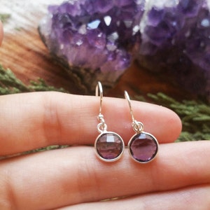February birthstone earrings. dainty February amethyst earrings, real February birthstone dangle earrings, purple February drop earrings