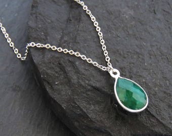 Raw Teardrop Emerald Necklace, genuine and authentic green emerald gemstone necklace, natural emerald necklace in a teardrop shap