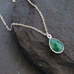 Raw Teardrop Emerald Necklace, genuine and authentic green emerald gemstone necklace, natural emerald necklace in a teardrop shap