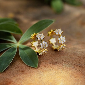 Flower hoop earrings, double sided hoops, crystal flower hoop earrings, gold hoops, gold flower earrings
