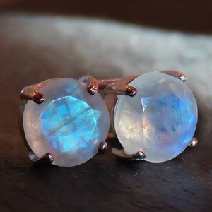 Faceted Moonstone earrings, colorful cut rainbow moonstone earrings, 8mm bright blue rainbow round cut moonstone studs