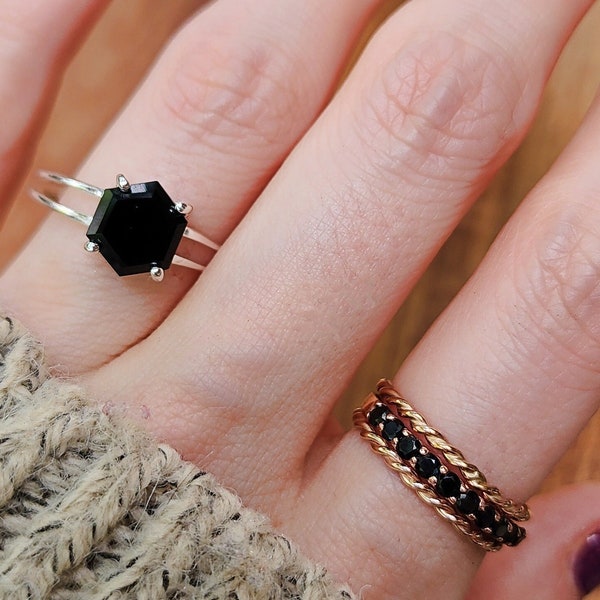 Onyx hexagon ring, one of a kind genuine black onyx ring, raw onyx ring, solitaire natural hexagon onyx ring, hexagon dark black onyx ring
