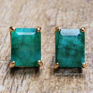 Raw emerald emerald cut prong earrings, rectangle deep green emerald studs, natural emerald earrings in prong setting, genuine emerald studs