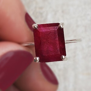 Emerald cut ruby ring, raw ruby ring in sterling silver, ruby engagement ring, ruby rectangle, natural ruby in emerald cut, gold ruby ring