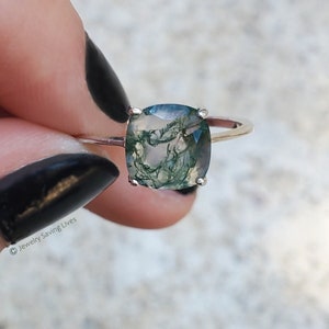 Moss Agate Ring for daily wear, Durable square nature green ring meant to last, for women in silver gold rose gold,