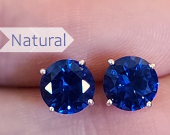 Sapphire stud earrings, radiant deep blue sapphire studs, round faceted blue sapphire earrings, bright blue natural sapphire studs