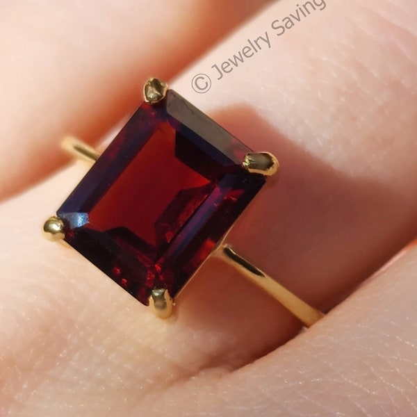 Elegant emerald cut garnet ring, garnet ring, handcrafted gemstone jewelry, January birthstone ring, deep red garnet ring