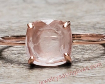 Rozenkwarts ring, vierkante rozenkwarts stapelring roségoud, roze rozenkwartsring, roségouden solitaire ring in zilver en goud, roségoud