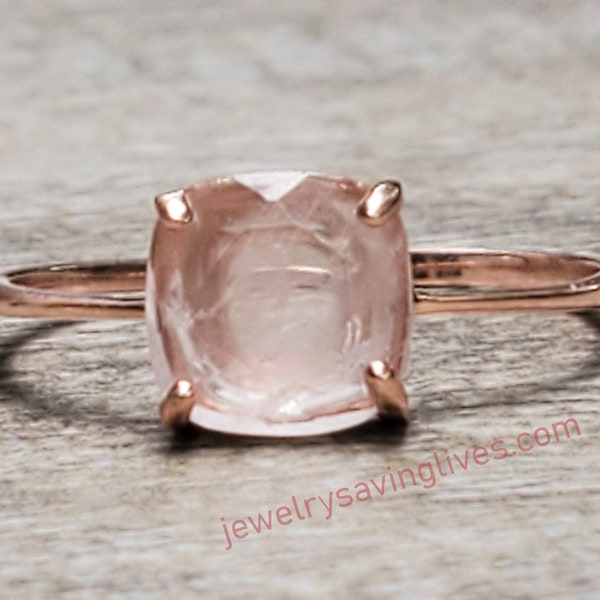 Anillo de cuarzo rosa, anillo apilable cuadrado de cuarzo rosa en oro rosa, anillo de cuarzo rosa rosa, anillo solitario de oro rosa en plata y oro, oro rosa