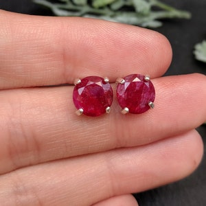 Natural dark red ruby earring, deep red genuine ruby studs, raw ruby round earrings, natural and raw ruby earrings, dainty ruby earring