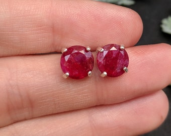 Natural dark red ruby earring, deep red genuine ruby studs, raw ruby round earrings, natural and raw ruby earrings, dainty ruby earring
