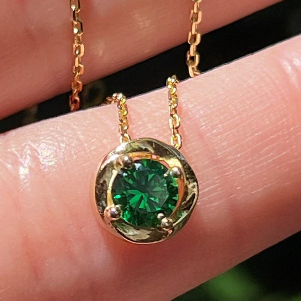 Brilliant Cut Round Emerald Swirl Halo Pendant Necklace, round emerald pendant necklace, emerald pendant, May birthstone necklace