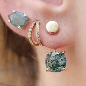 Moss Agate jacket dangle earrings, moss agate front back earrings, unique side by side moss agate dangle earrings, silver jacket earrings