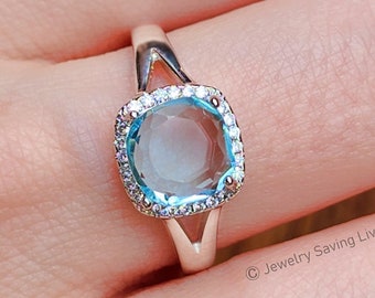 Aquamarine halo white sapphire double band ring, aquamarine in halo setting, halo aquamarine ring in a double band, halo ring