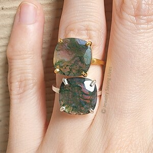 Large Statement Moss Agate ring,  vintage square moss agate ring, alternative engagement ring, green moss agate ring, unique nature ring