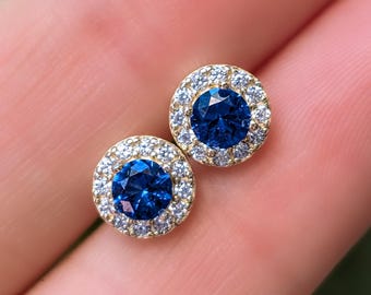 Pendientes de zafiro con halo, pendientes de zafiro con halo, pendientes de zafiro con halo natural, pendientes de zafiro auténtico