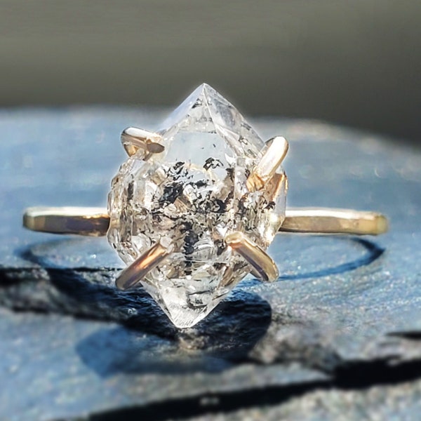 Raw diamond ring, raw herkimer diamond quartz ring, salt and pepper diamond, Herkimer NY quartz ring, salt and pepper herkimer diamond ring