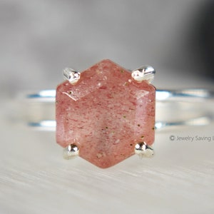 Hexagon Strawberry Quartz Ring, hexagone gemstone ring, hexagon engagement ring, strawberry quartz ring, hexagon ring, strawberry quartz