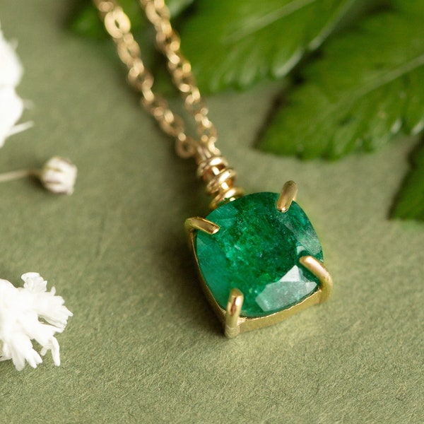 Emerald Necklace, square natural emerald necklace, deep emerald green necklace, unique emerald necklace, emerald charm necklace, may
