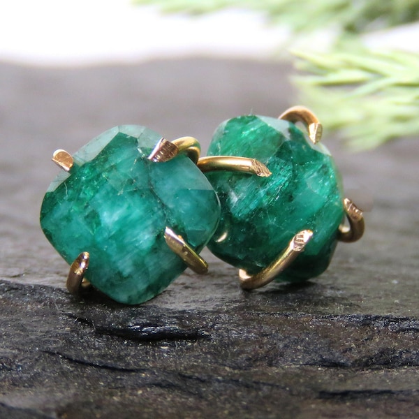 Raw emerald cushion prong earrings, square rough deep green emerald studs, natural emerald earrings in prong setting, genuine emerald studs