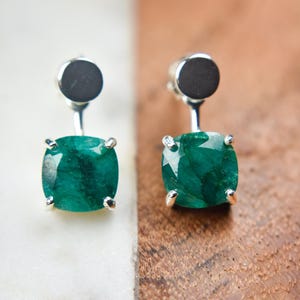 Emerald jacket dangle earrings, Emerald front back earrings, May birthstone dangle earrings, silver ear jacket earrings