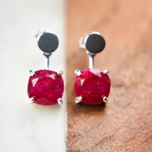 Ruby jacket dangle earrings, ruby front back earrings, trendy ruby dangle earrings, silver ear jacket earrings, July ruby earrings