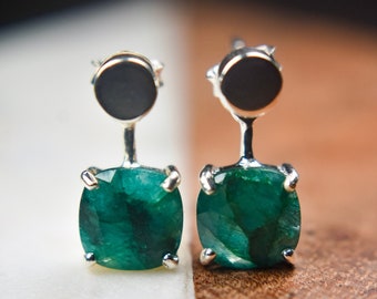 Emerald jacket dangle earrings, Emerald front back earrings, May birthstone dangle earrings, silver ear jacket earrings