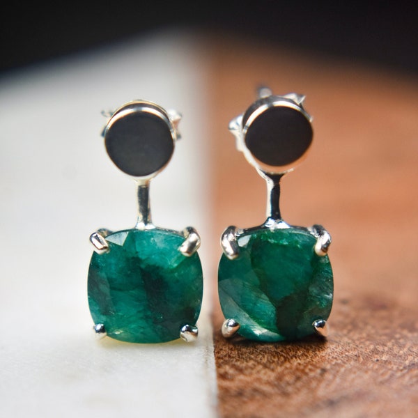 Emerald jacket dangle earrings, Emerald front back earrings, May birthstone dangle earrings, silver ear jacket earrings