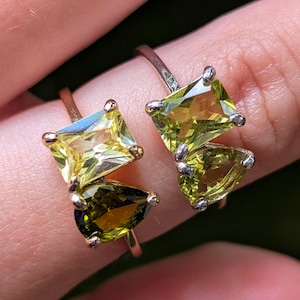 Double Peridot Ring, Two Stone Ring light green peridot and olive peridot, Toi Et Moi two stone ring, unique two toned peridot ring