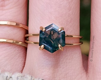 AA Hexagon Moss Agate Ring, hexagon dark green gemstone ring, hexagon engagement ring, unique moss agate ring, hexagon nature ring for women