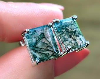 Moss Agate Emerald Cut Earrings, green moss agate earrings, statement moss agate earrings, agate stud earrings