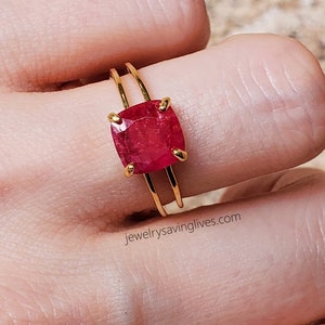 Raw ruby double band ring, genuine earth mined ruby ring with double band, 3 ct square double band ring, untreated red gemstone ring